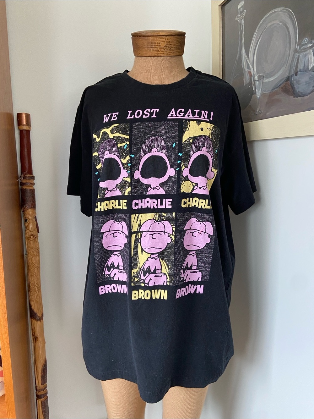 Peanuts Black Short-Sleeve Tee with Purple and Yellow Charlie Brown Pop-Art - XL